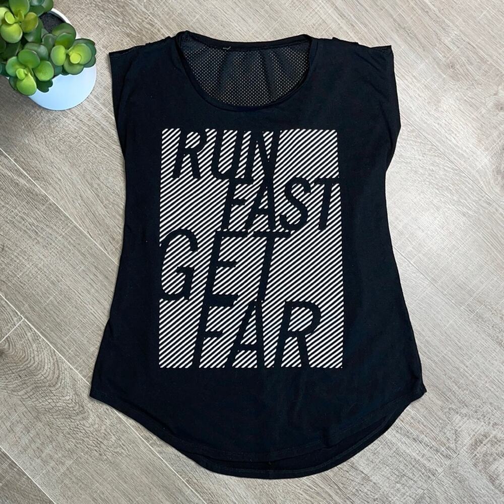 ENERGIE Black “Run Fast Get Far” Sleeveless Workout Shirt